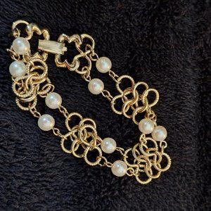 Vintage Marked Goldette Chain Link Mail & Faux Pearl Bracelet